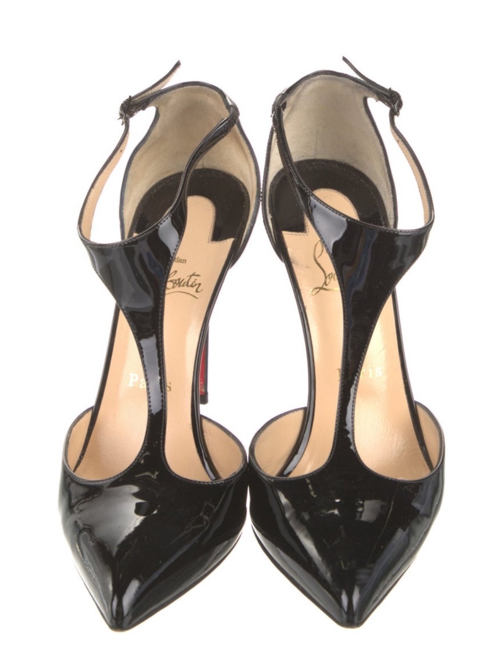 Christian Louboutin Black Patent T-Strap Pointed Toe Heels